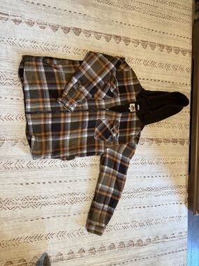 Men's Hooded Plaid Flannel Jacket - Brown/Gray/Black